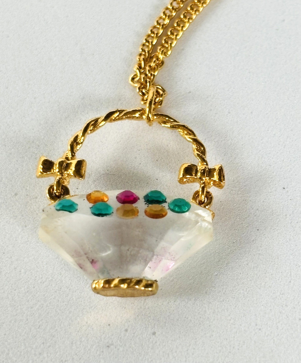 Vintage Swarovski Crystal Memories Flower Basket Pendant/Necklace Gold tone